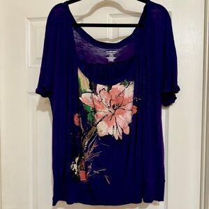 Lane Bryant Purple Low-cut Blouson Top with Floral Print, Size 18/20